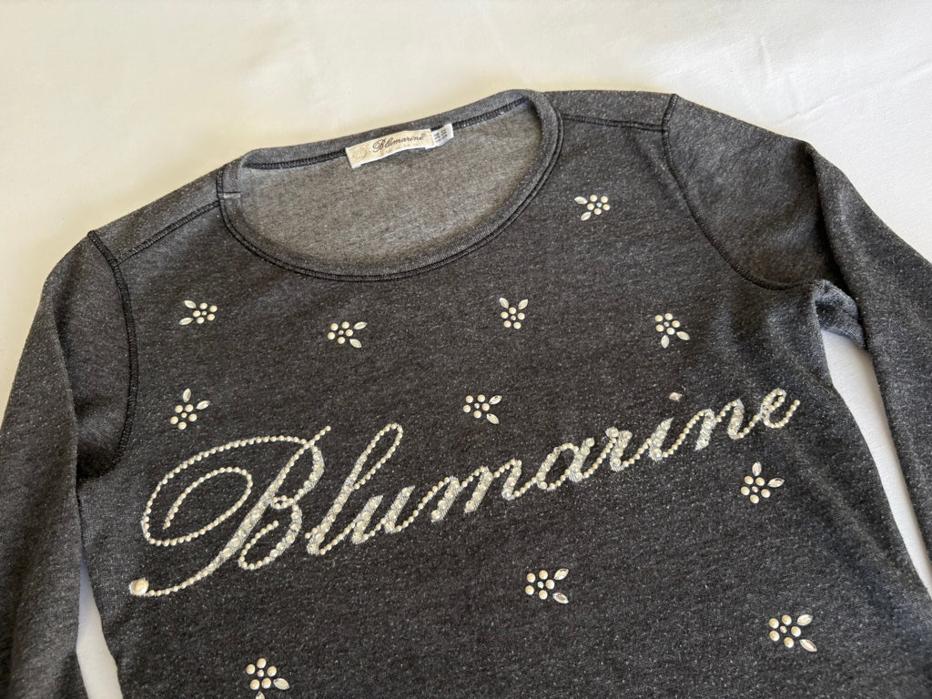 Blumarine Rhinestone Logo Grey Long Sleeve Top