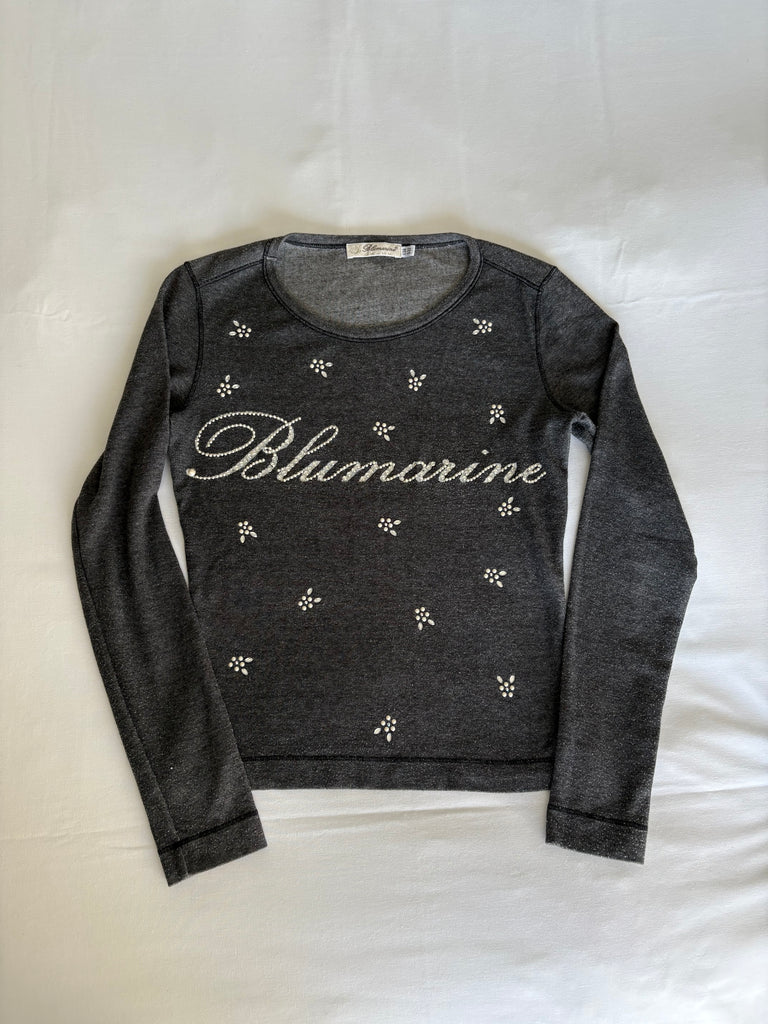 Blumarine Rhinestone Logo Grey Long Sleeve Top
