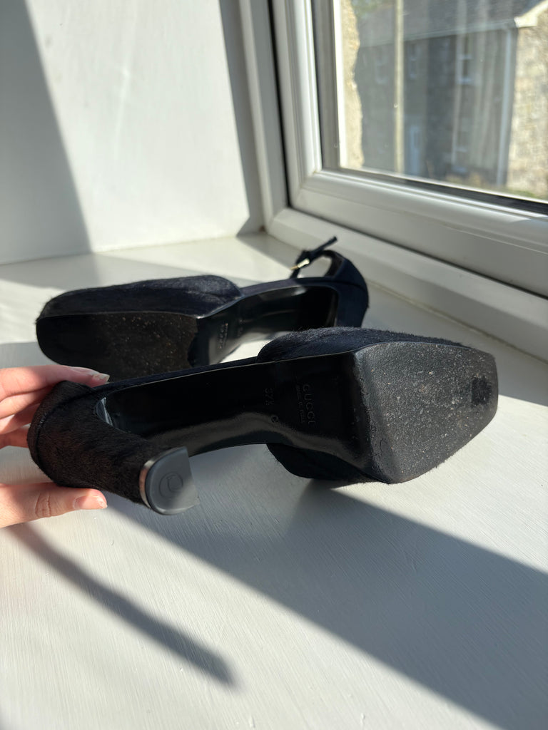 Gucci by Tom Ford Fall 1996 Navy Pony Hair Heels 37.5