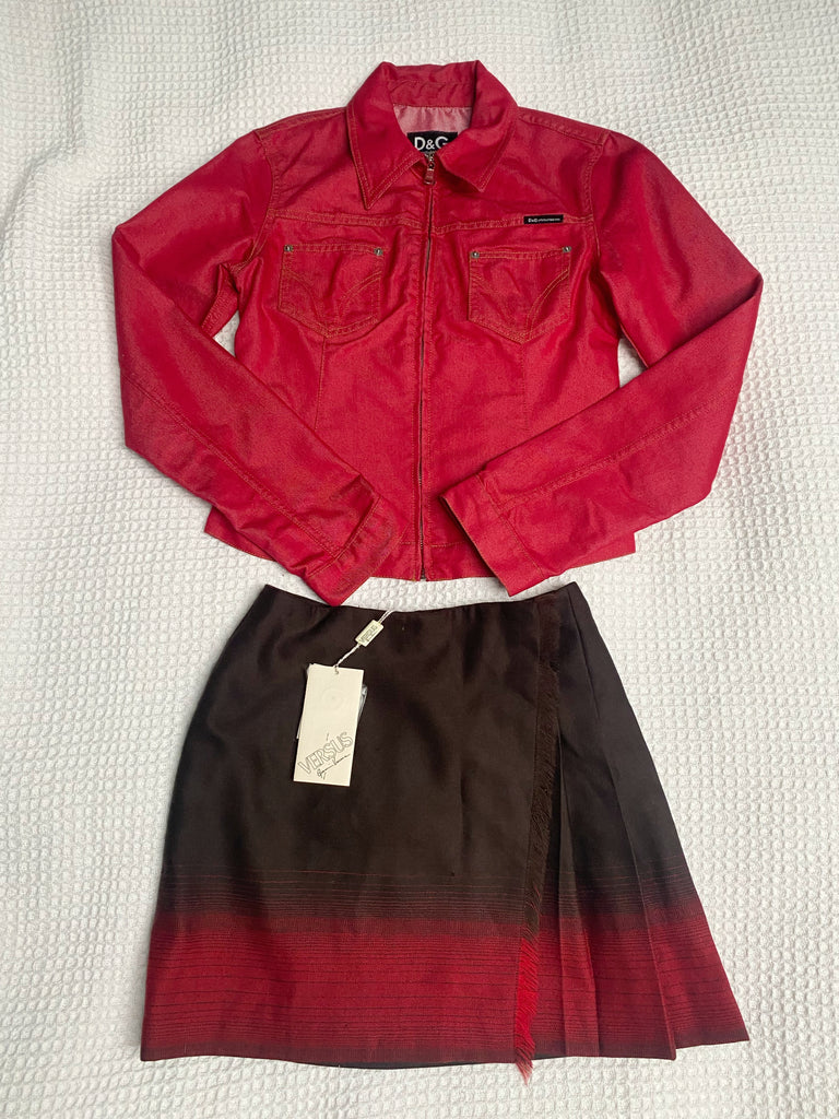 Versus Versace Red & Brown Wrap Wool Mini Skirt