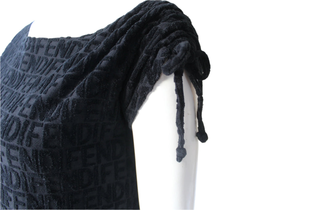 Fendi Black Logo Terry-Cloth / Towelling Drawstring Dress