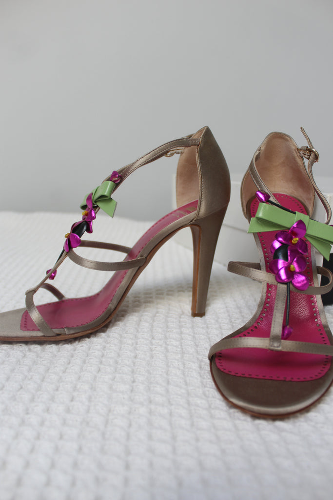 Moschino Pink Flower Bronze Heels Size 37