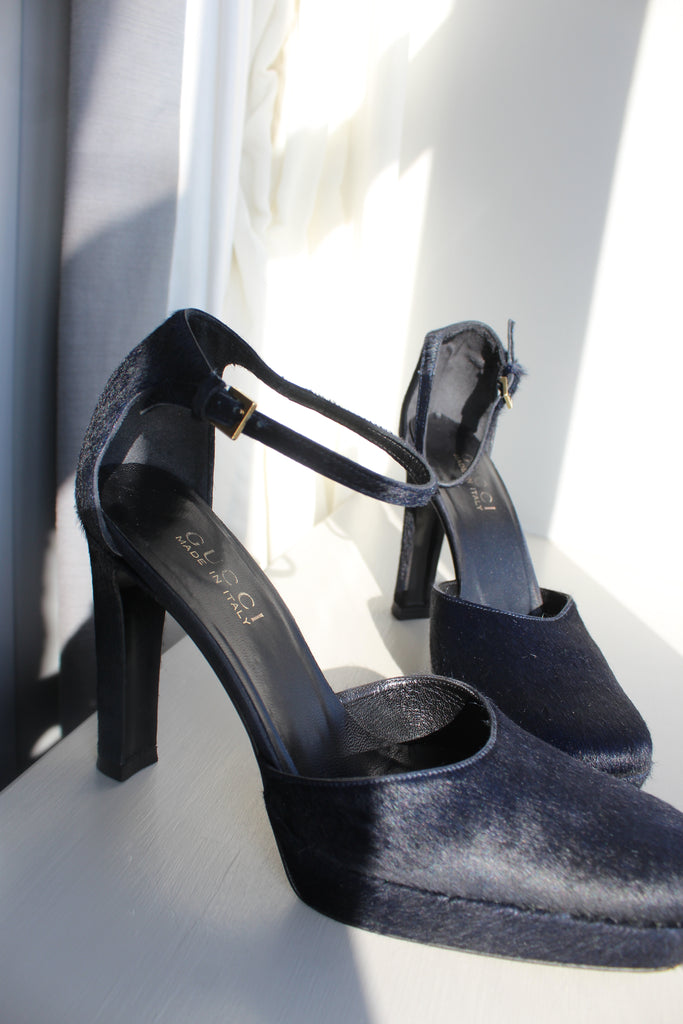 Gucci by Tom Ford Fall 1996 Navy Pony Hair Heels 37.5