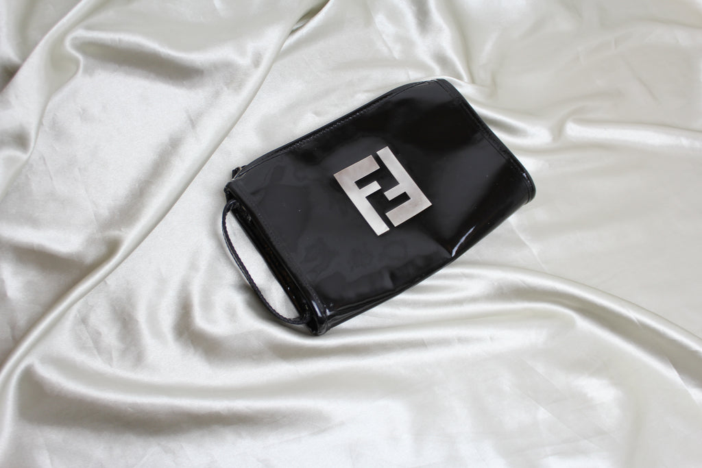 Fendi Logo Black Patent Vinyl Clutch Bag