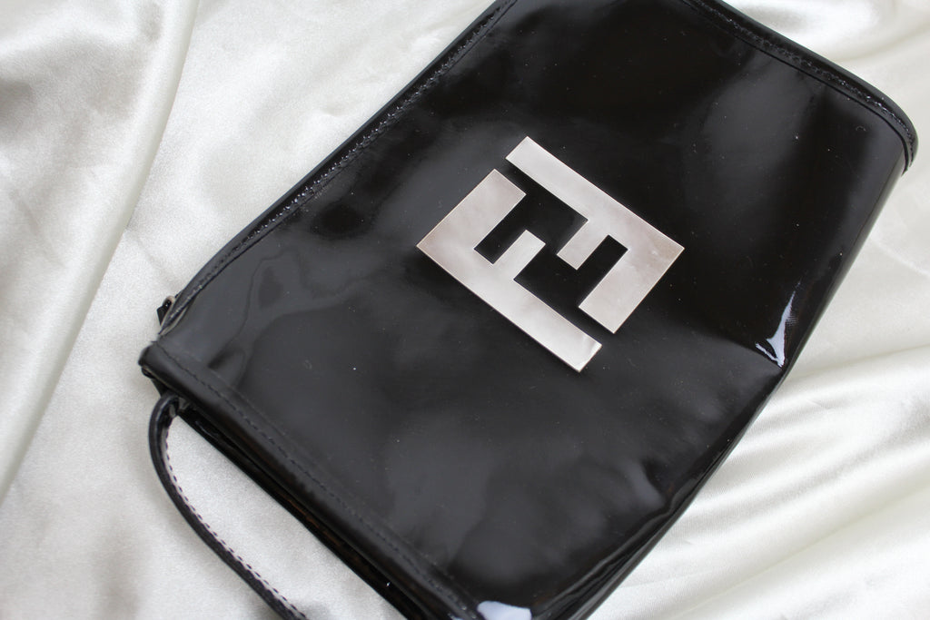 Fendi Logo Black Patent Vinyl Clutch Bag