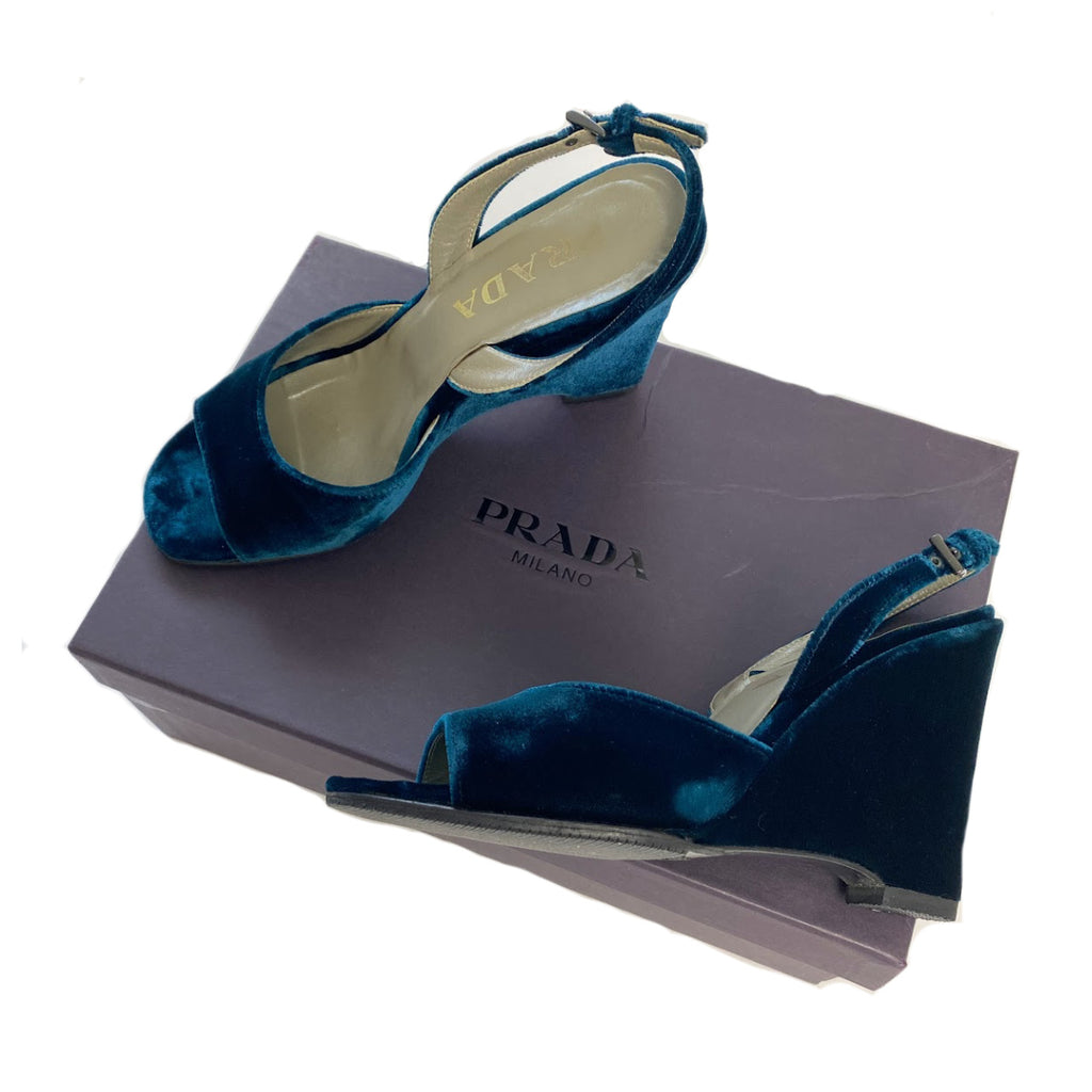 Prada Blue Velvet Wedge Heels EU 36