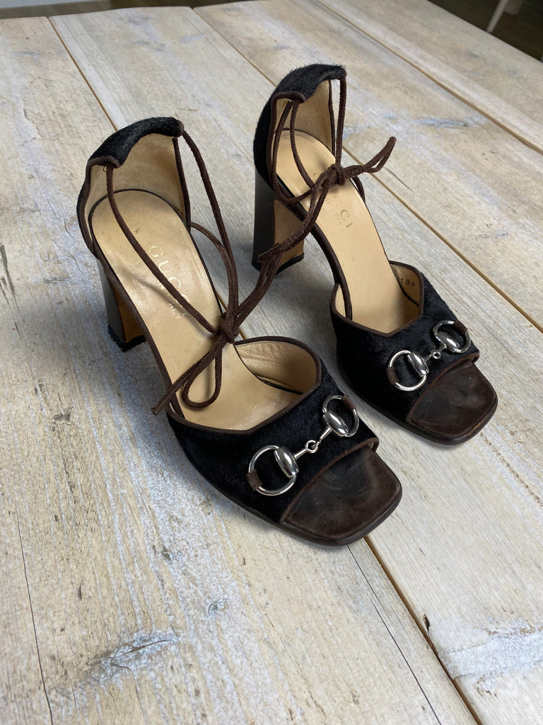 Gucci Fall 1996 Brown Pony Hair Lace Up Heels EU 36