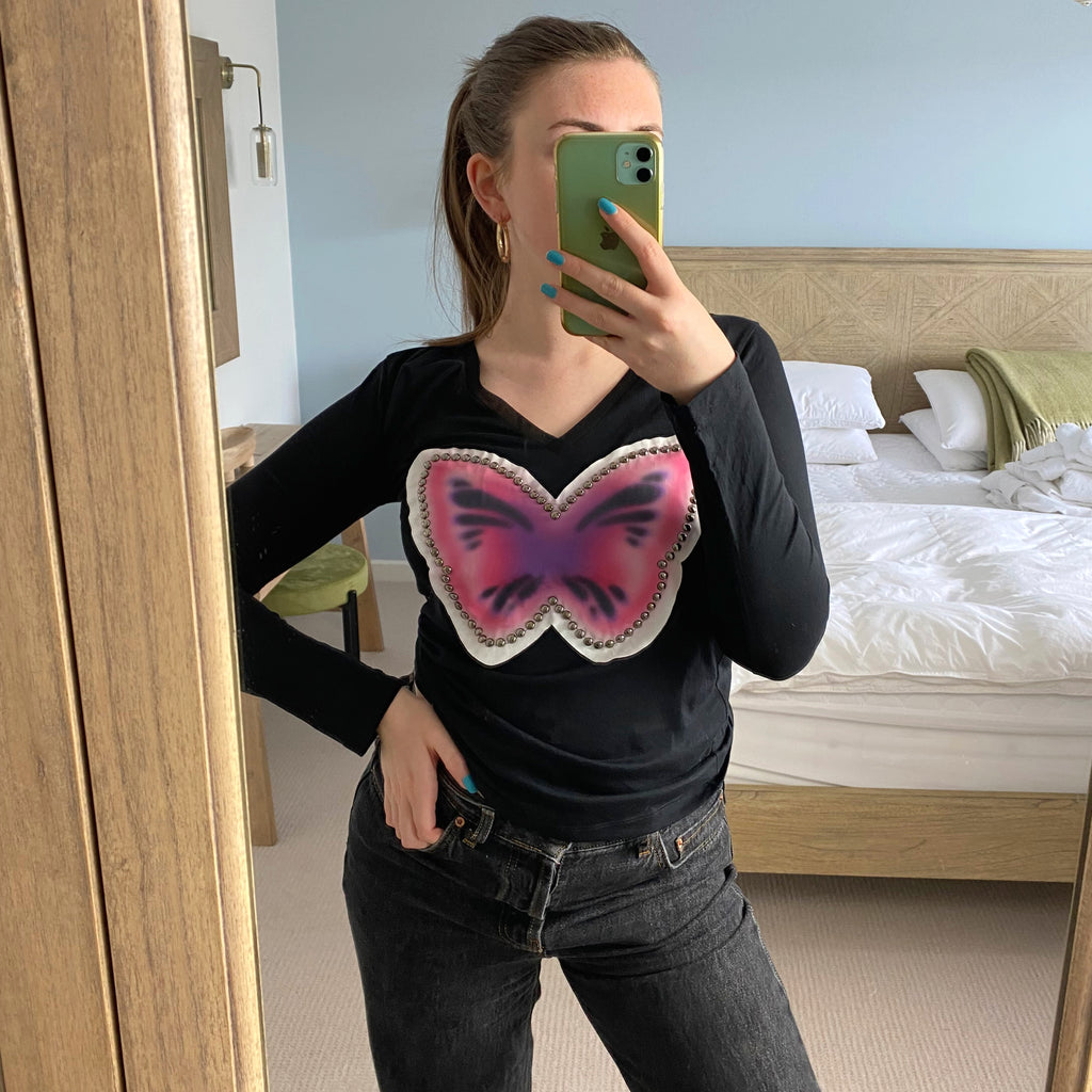 Moschino Black Butterfly Graphic Long Sleeve Top