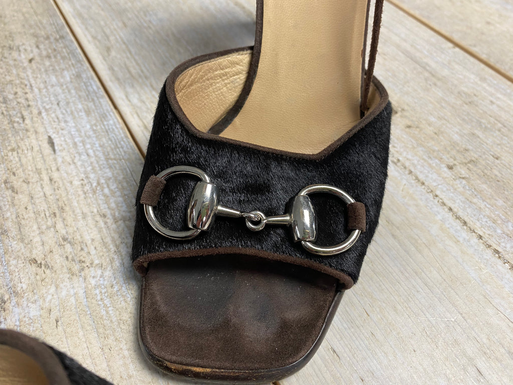 Gucci Fall 1996 Brown Pony Hair Lace Up Heels EU 36
