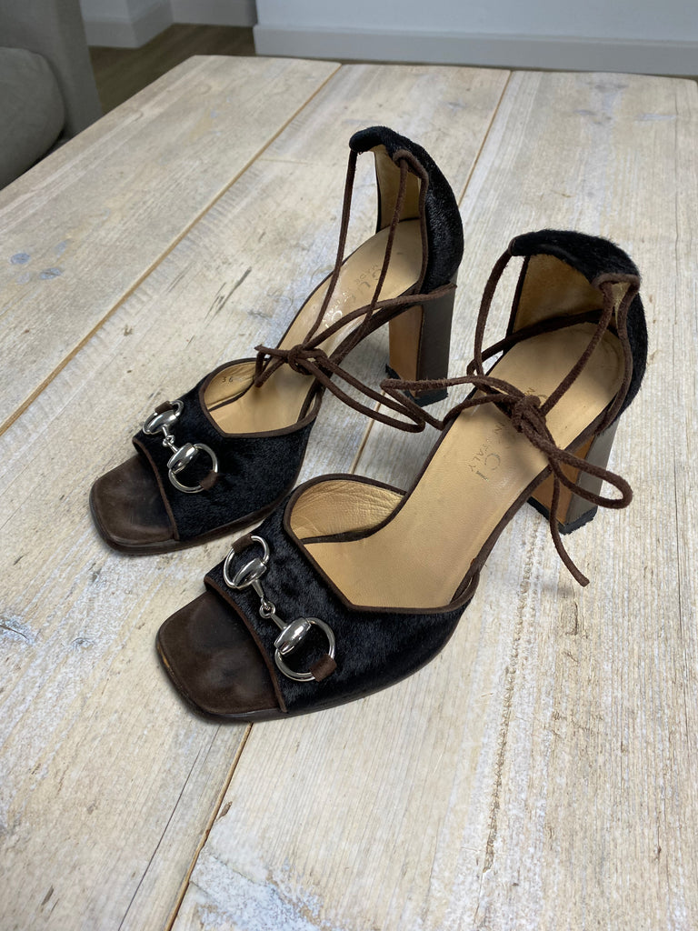 Gucci Fall 1996 Brown Pony Hair Lace Up Heels EU 36