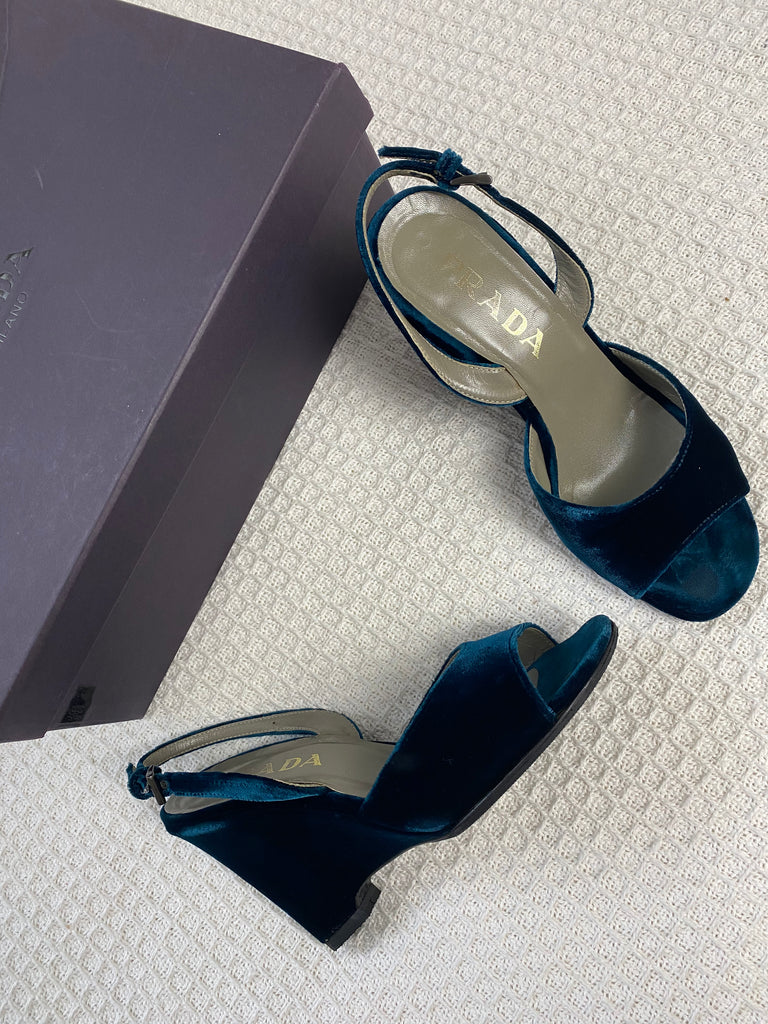 Prada Blue Velvet Wedge Heels EU 36