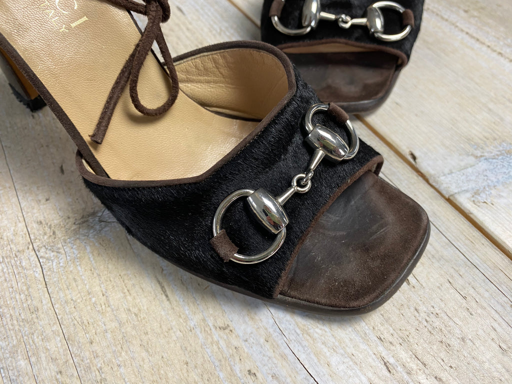 Gucci Fall 1996 Brown Pony Hair Lace Up Heels EU 36
