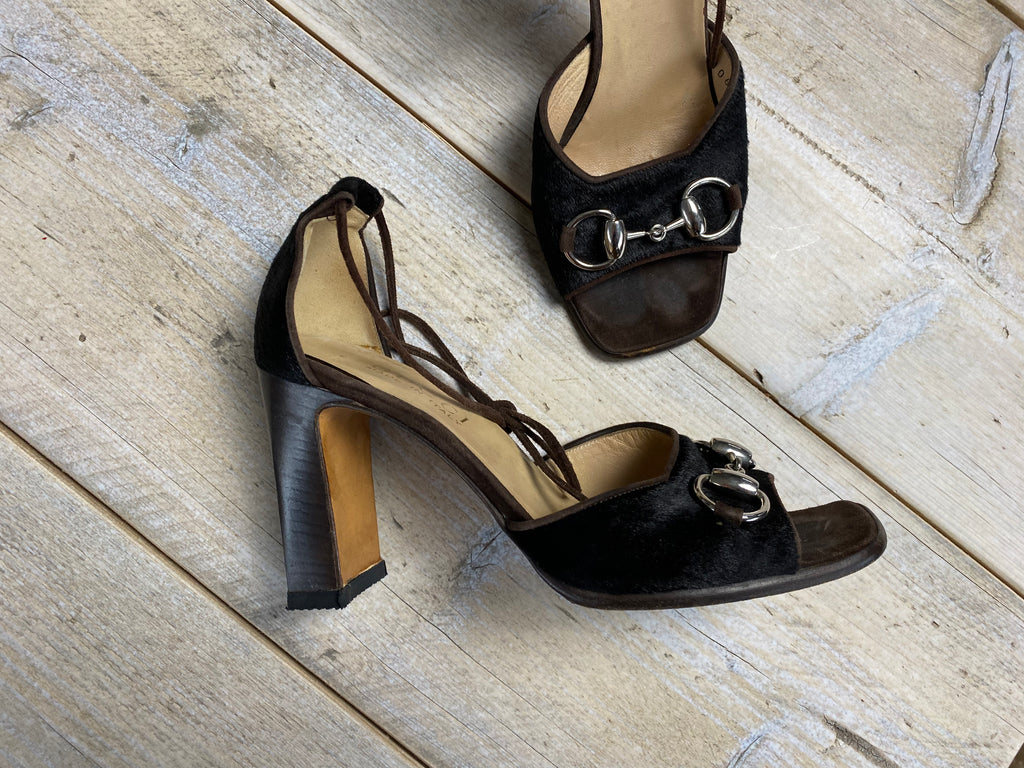 Gucci Fall 1996 Brown Pony Hair Lace Up Heels EU 36