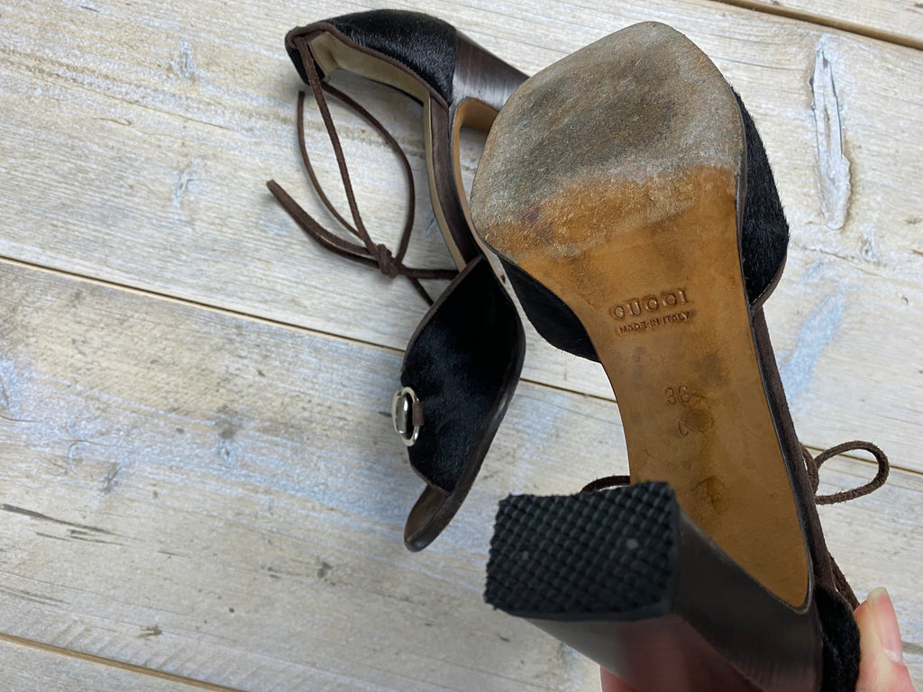Gucci Fall 1996 Brown Pony Hair Lace Up Heels EU 36