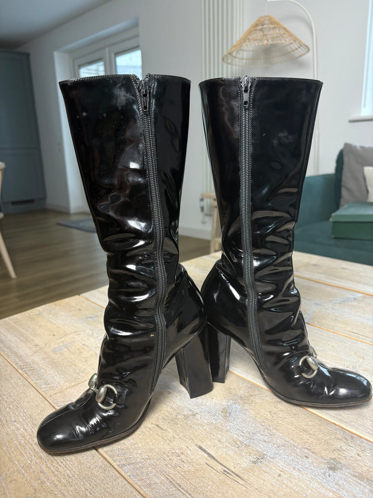 Gucci Fall 1995 Black Leather Patent Horsebit Boots 36