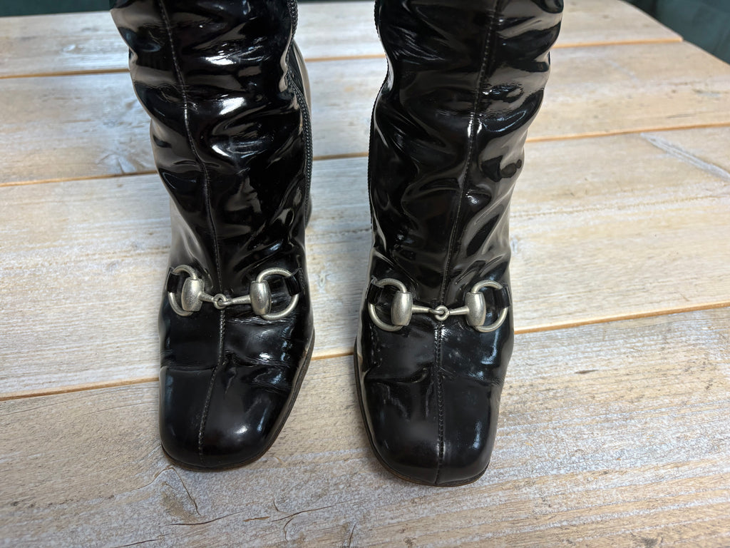 Gucci Fall 1995 Black Leather Patent Horsebit Boots 36