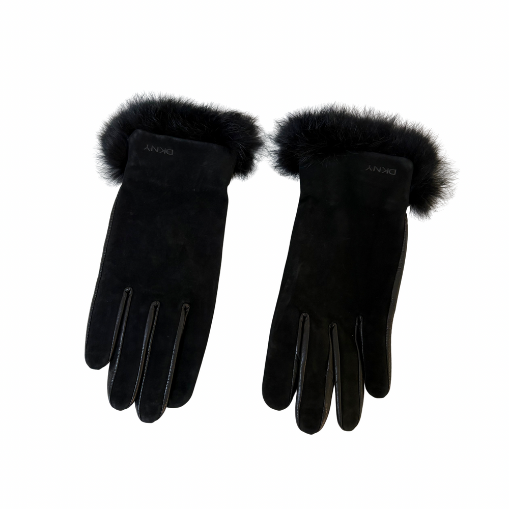 DKNY Black Leather Fur Gloves