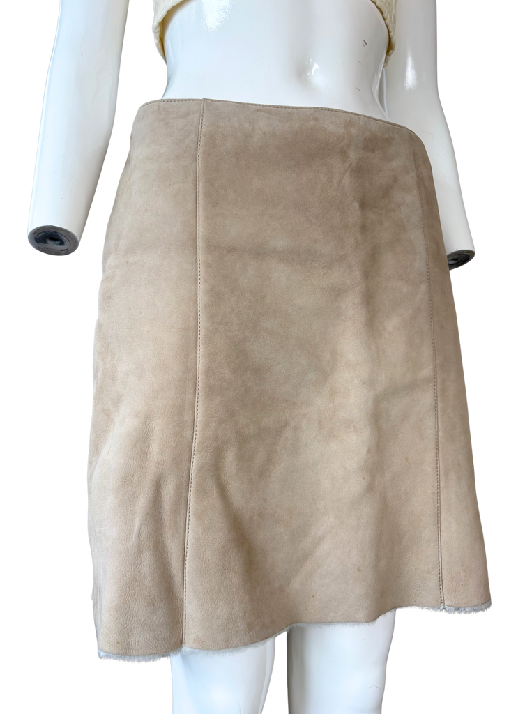 Blumarine Tan Leather Fur Lined Mini Skirt