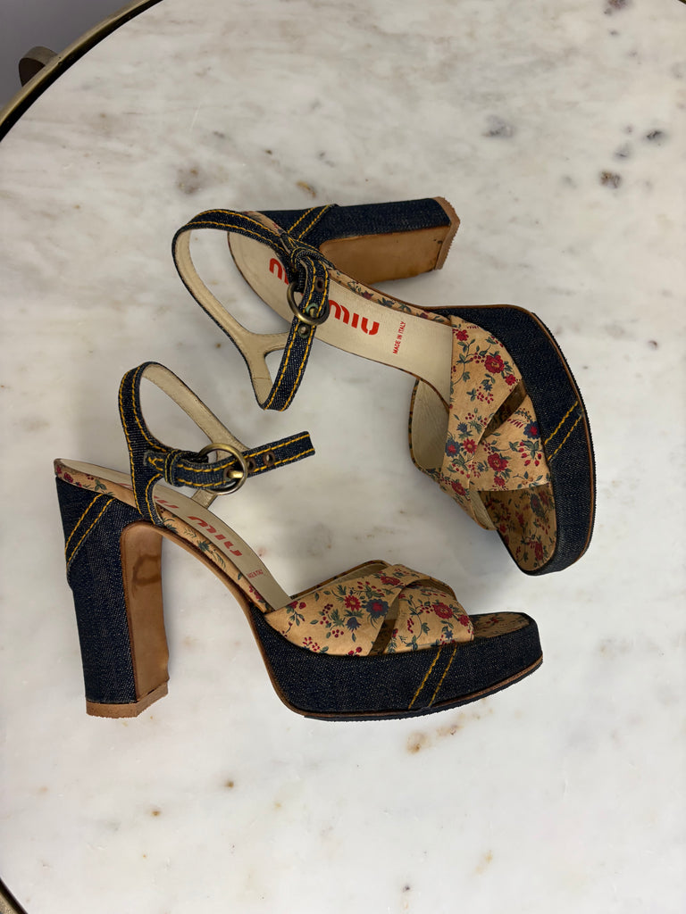 Miu Miu Floral Denim Platform Heels EU 38