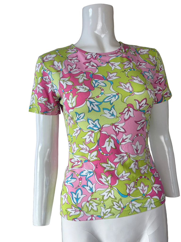Emilio Pucci Pink & Green Flower Pattern T-Shirt