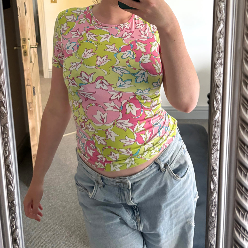 Emilio Pucci Pink & Green Flower Pattern T-Shirt