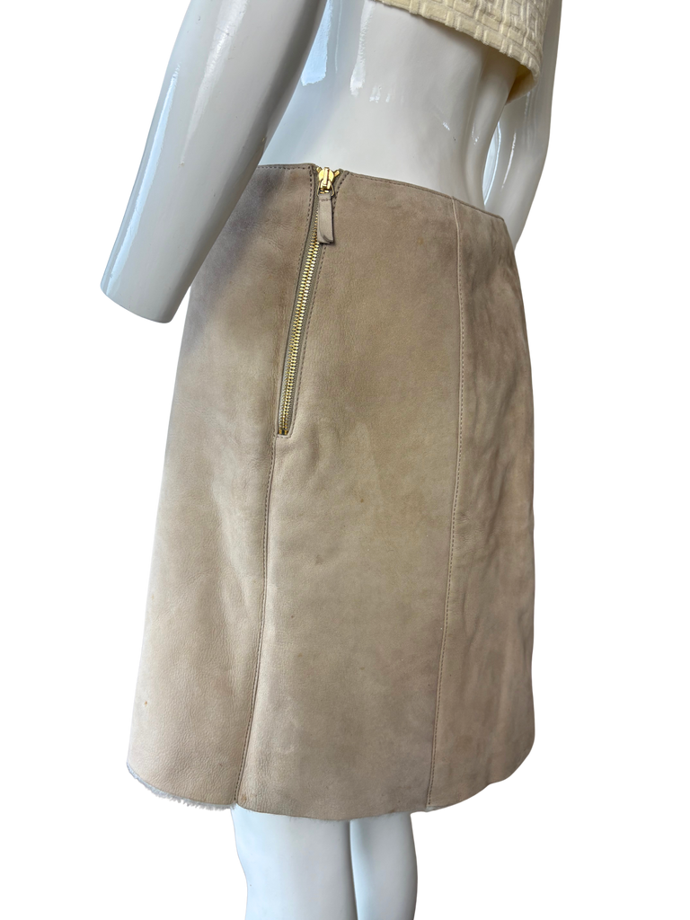 Blumarine Tan Leather Fur Lined Mini Skirt