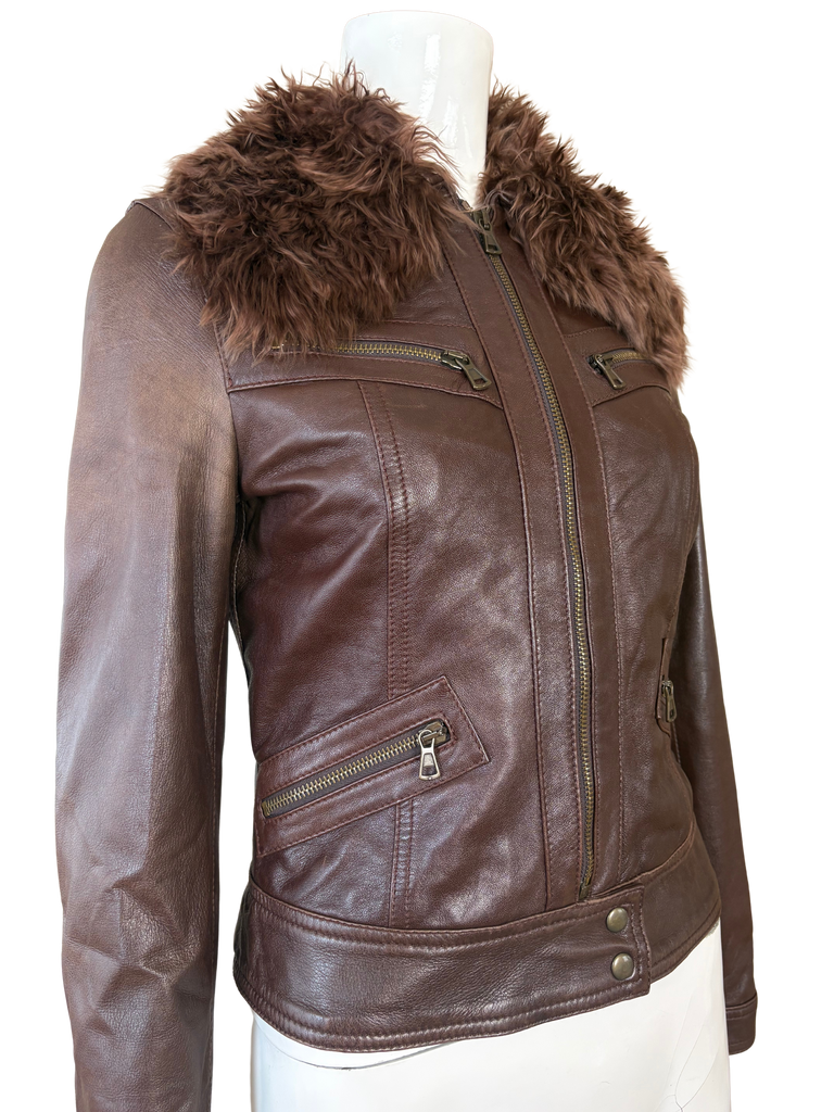 DKNY Fur Collar Brown Leather Zip Up Jacket