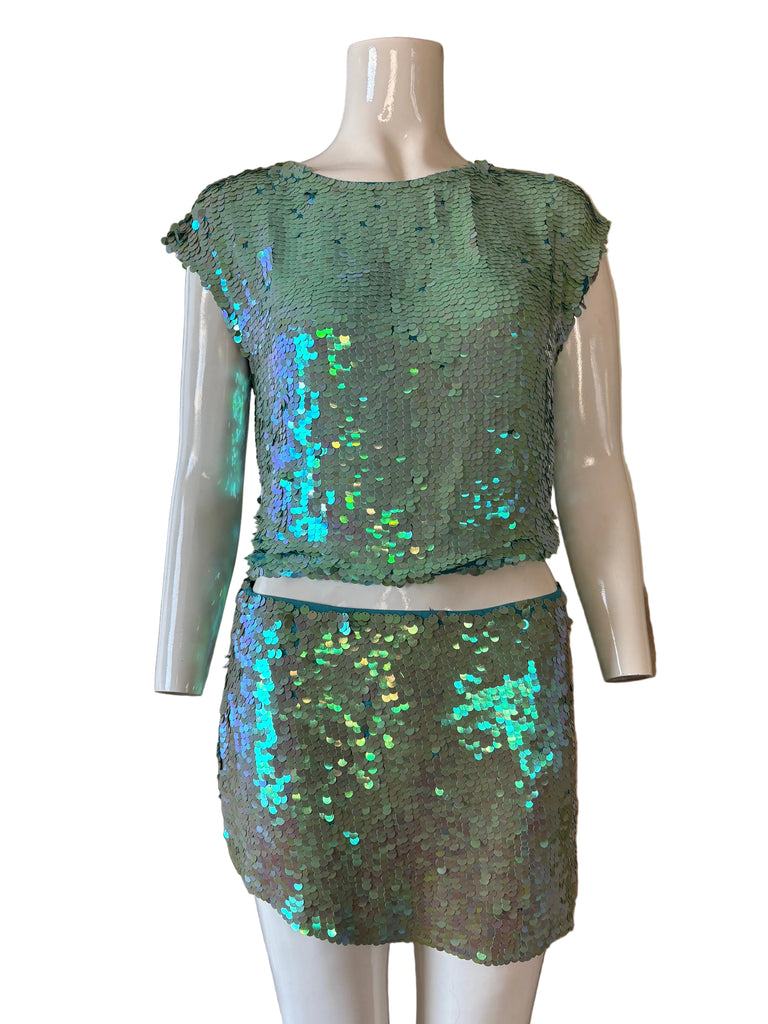 DKNY Blue Sequin Two Piece Skirt Set