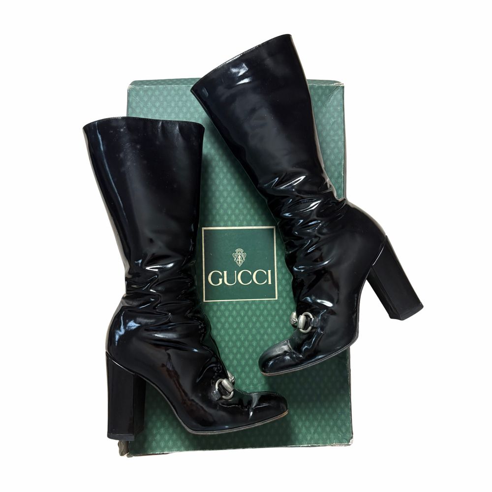 Gucci Fall 1995 Black Leather Patent Horsebit Boots 36