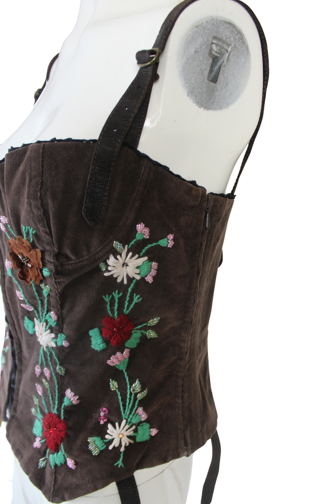 Dolce & Gabbana 2000's Floral Embroidered Brown Corduroy Corset