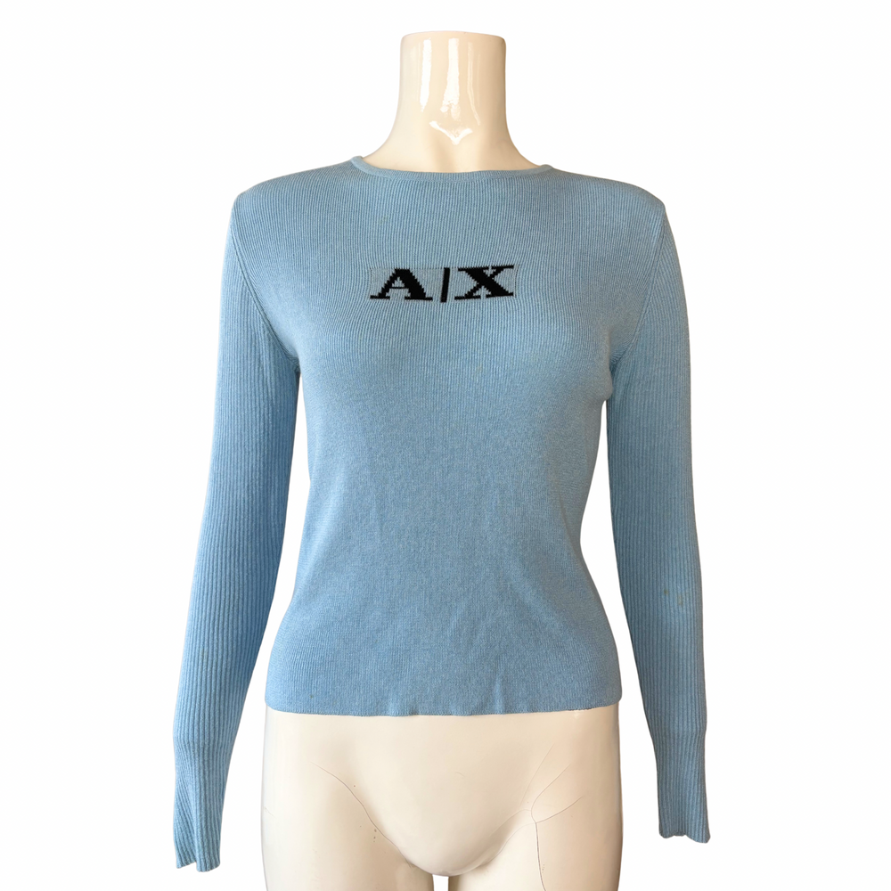 Armani Exchange Blue Logo Ribbed Long Sleeve Top