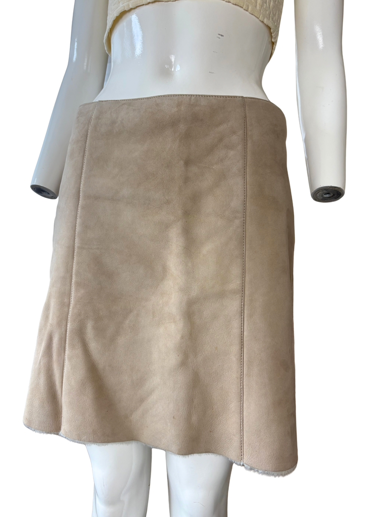 Blumarine Tan Leather Fur Lined Mini Skirt