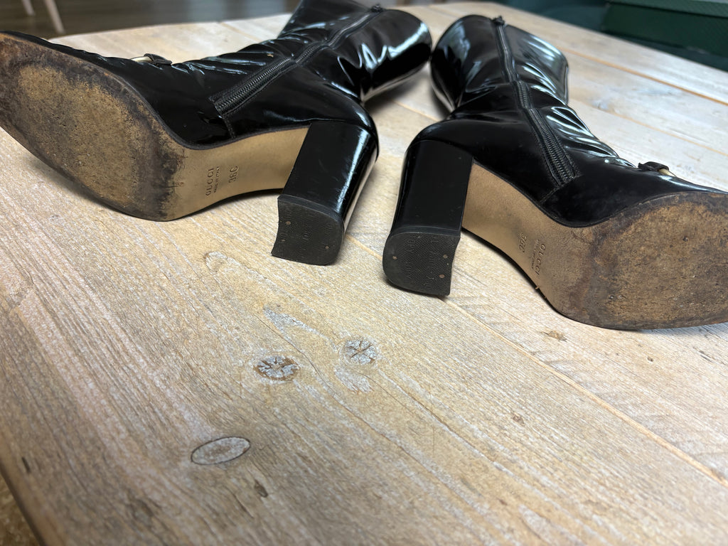 Gucci Fall 1995 Black Leather Patent Horsebit Boots 36