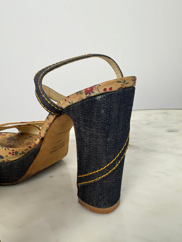Miu Miu Floral Denim Platform Heels EU 38