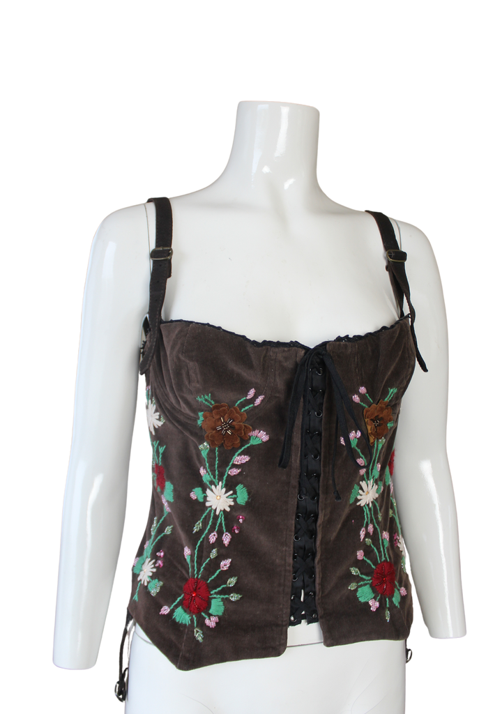 Dolce & Gabbana 2000's Floral Embroidered Brown Corduroy Corset