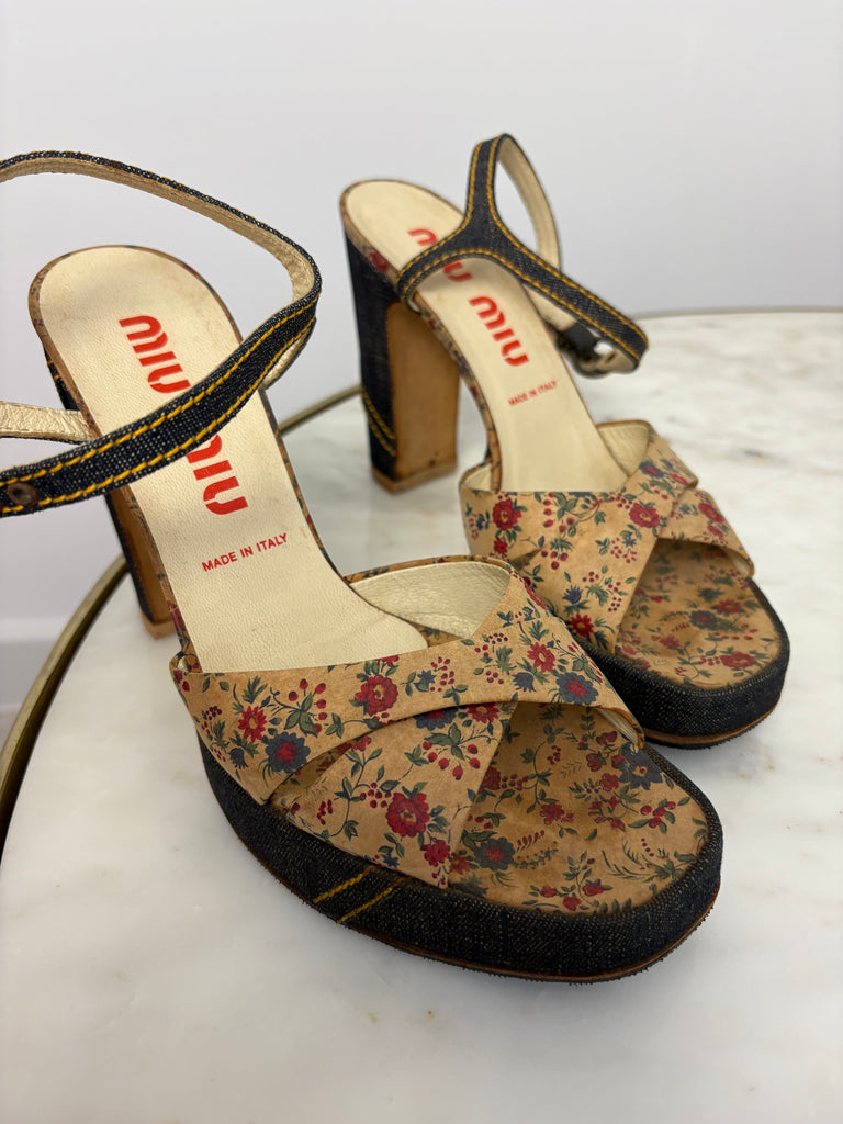 Miu Miu Floral Denim Platform Heels EU 38