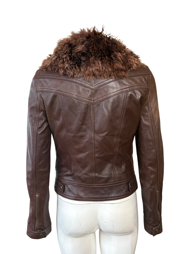 DKNY Fur Collar Brown Leather Zip Up Jacket
