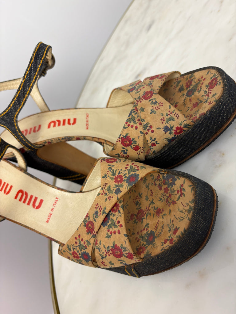Miu Miu Floral Denim Platform Heels EU 38