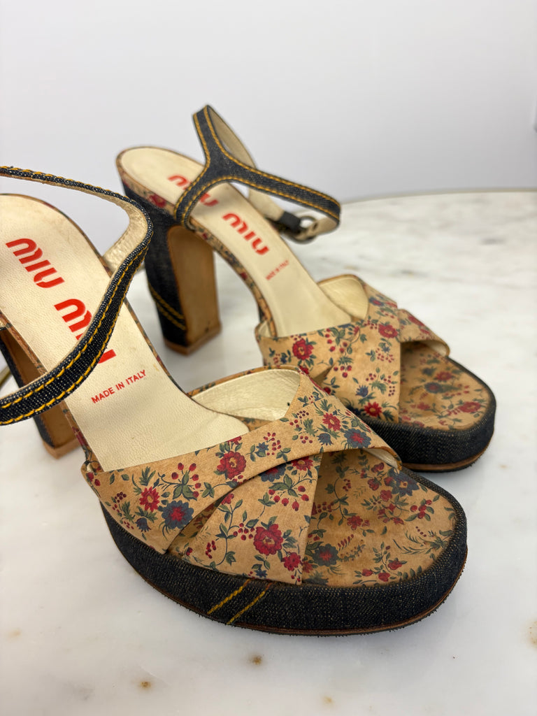 Miu Miu Floral Denim Platform Heels EU 38