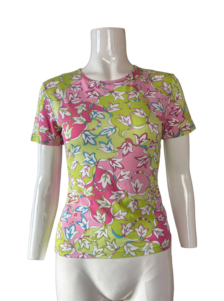 Emilio Pucci Pink & Green Flower Pattern T-Shirt