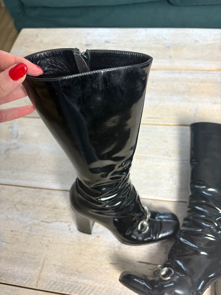 Gucci Fall 1995 Black Leather Patent Horsebit Boots 36