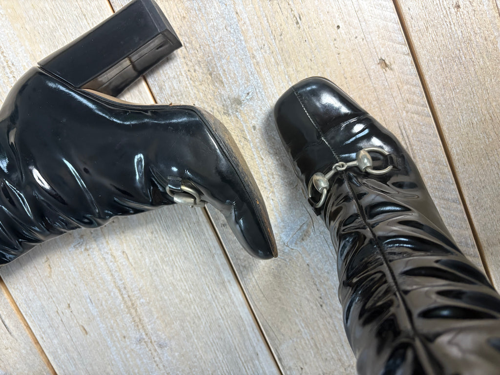 Gucci Fall 1995 Black Leather Patent Horsebit Boots 36