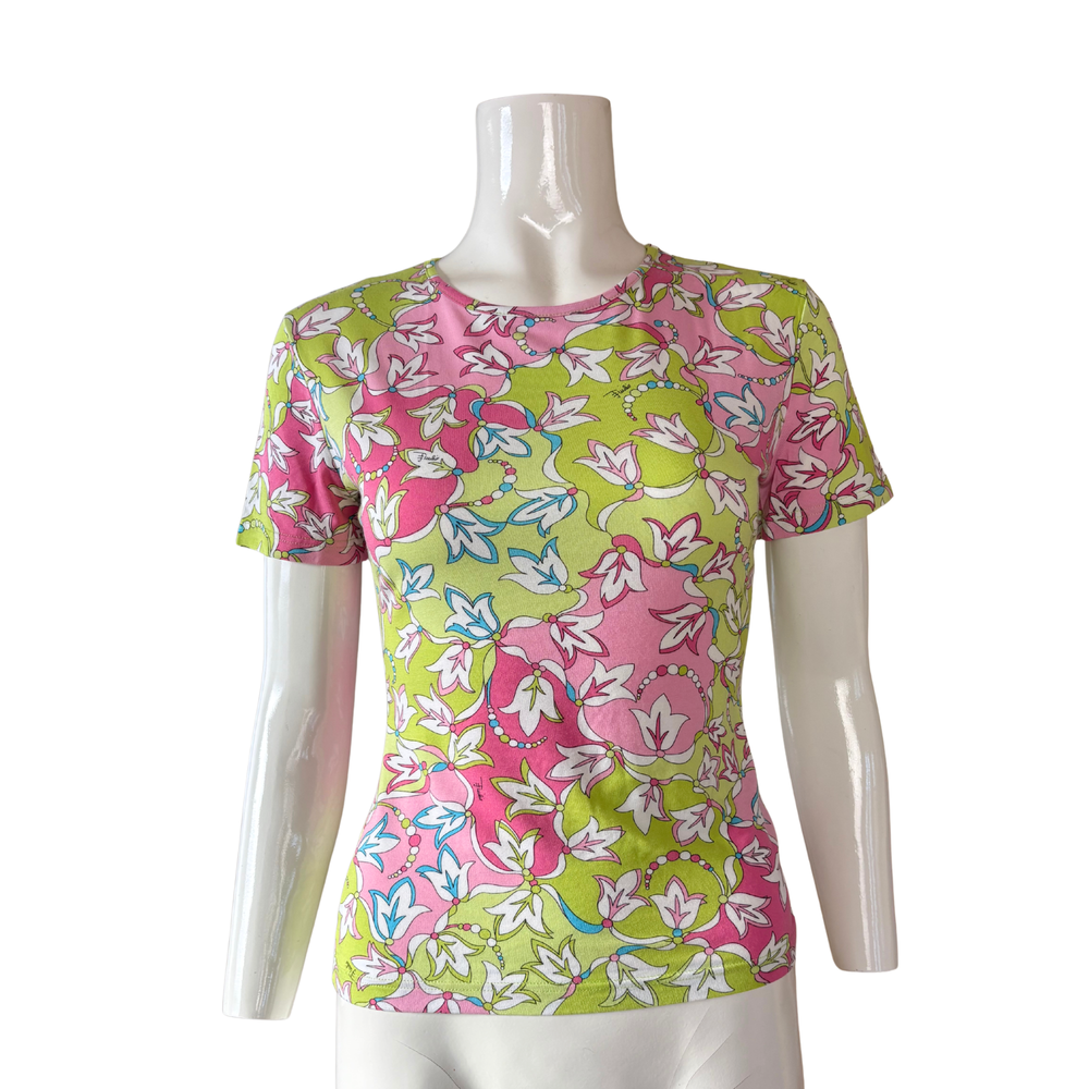 Emilio Pucci Pink & Green Flower Pattern T-Shirt