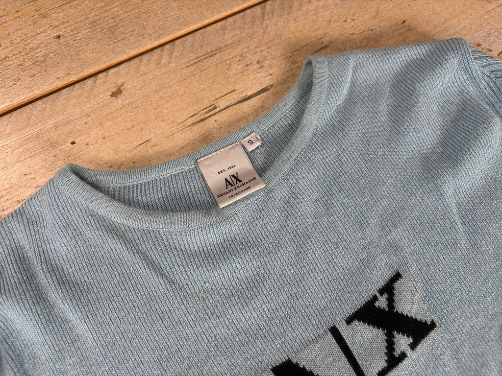 Armani Exchange Blue Logo Ribbed Long Sleeve Top