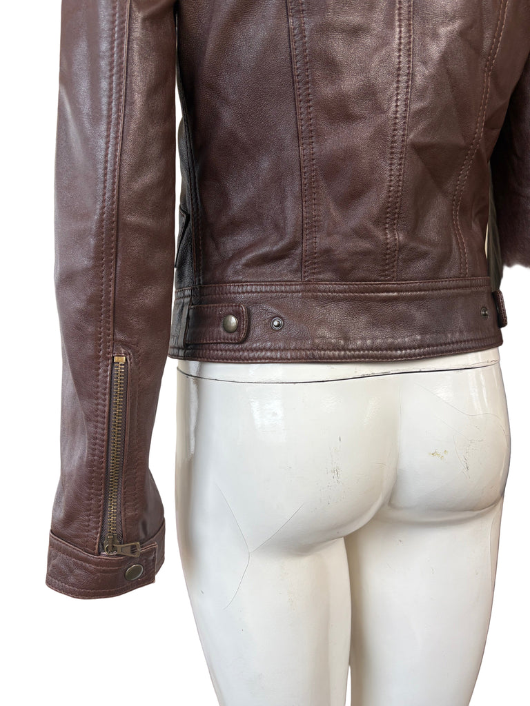 DKNY Fur Collar Brown Leather Zip Up Jacket