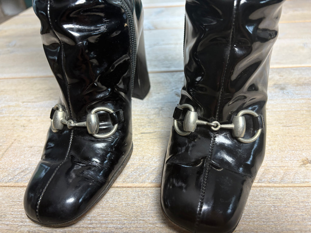 Gucci Fall 1995 Black Leather Patent Horsebit Boots 36