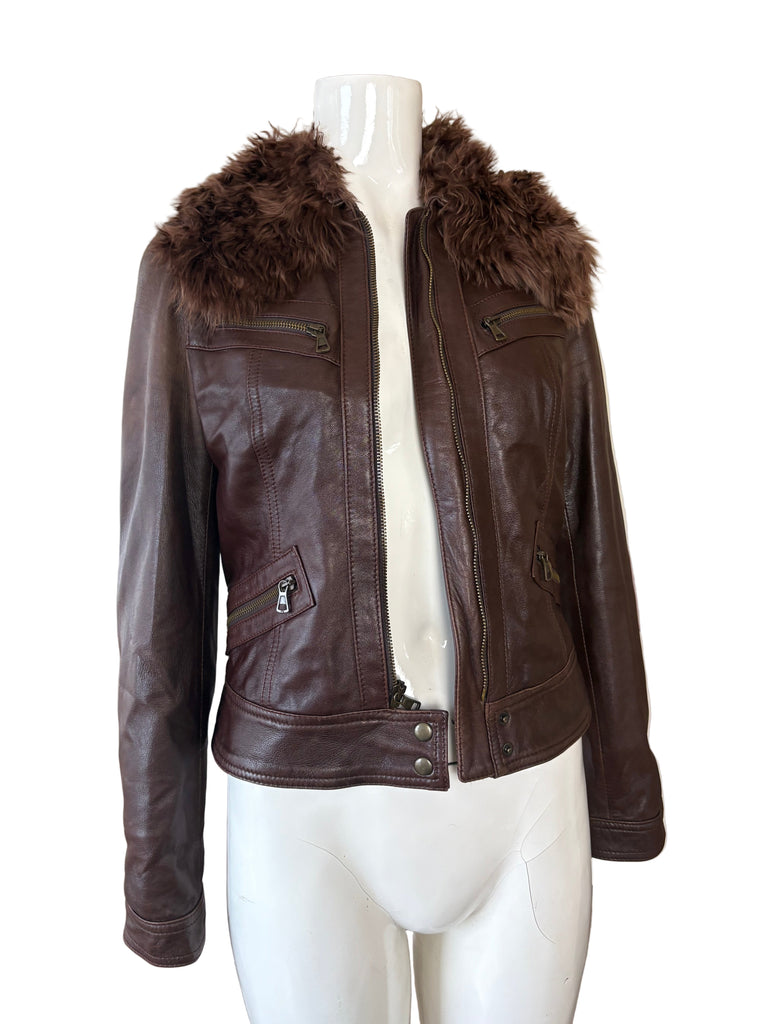 DKNY Fur Collar Brown Leather Zip Up Jacket
