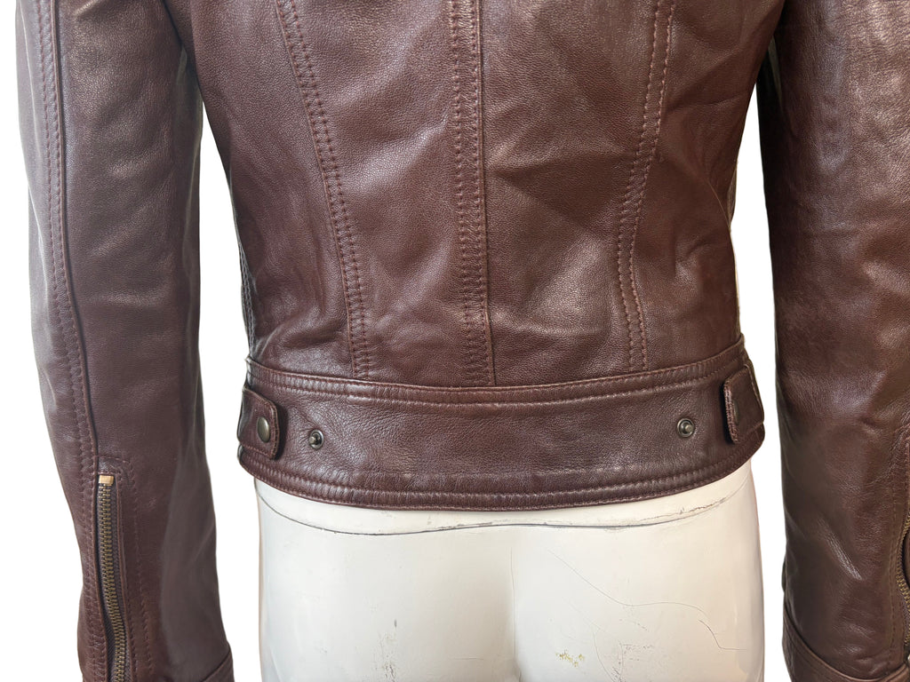 DKNY Fur Collar Brown Leather Zip Up Jacket