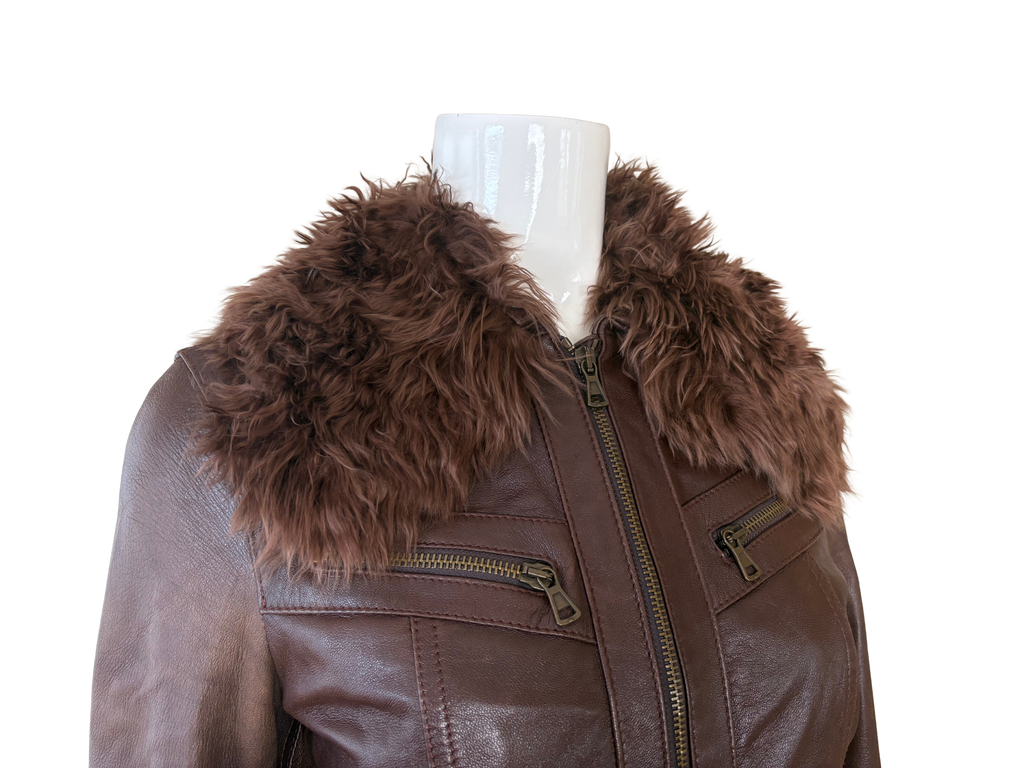 DKNY Fur Collar Brown Leather Zip Up Jacket