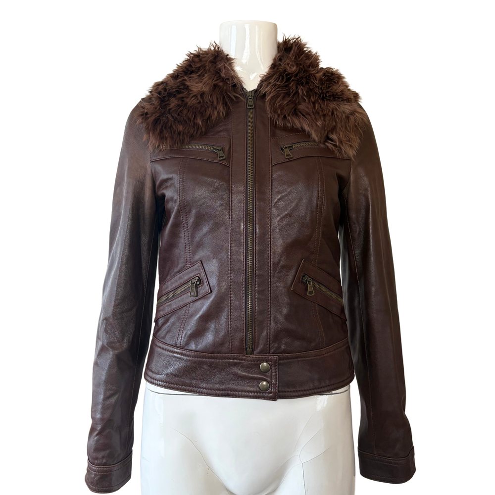 DKNY Fur Collar Brown Leather Zip Up Jacket